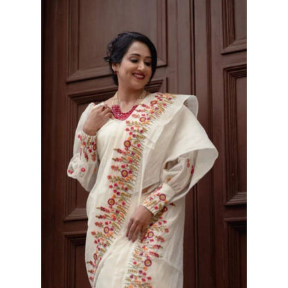 Isadora Life Womens Embroidered Thread Work White Pre-Draped Saree with Unstitched Blouse