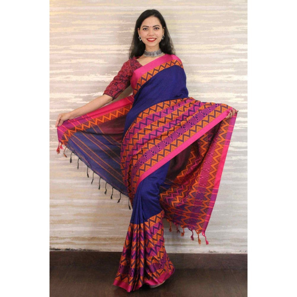 Isadora Life Womens Woven Tassels Blue Pre-Draped Saree with Unstitched Blouse