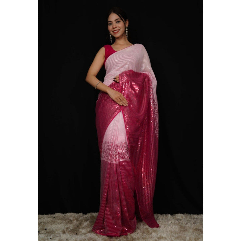 Isadora Life Womens Sequined Pink Pre-Draped Saree with Unstitched Blouse