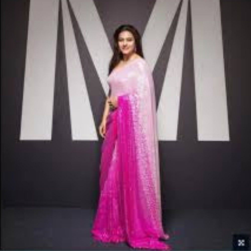 Isadora Life Womens Sequined Pink Pre-Draped Saree with Unstitched Blouse