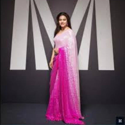 Isadora Life Womens Sequined Pink Pre-Draped Saree with Unstitched Blouse