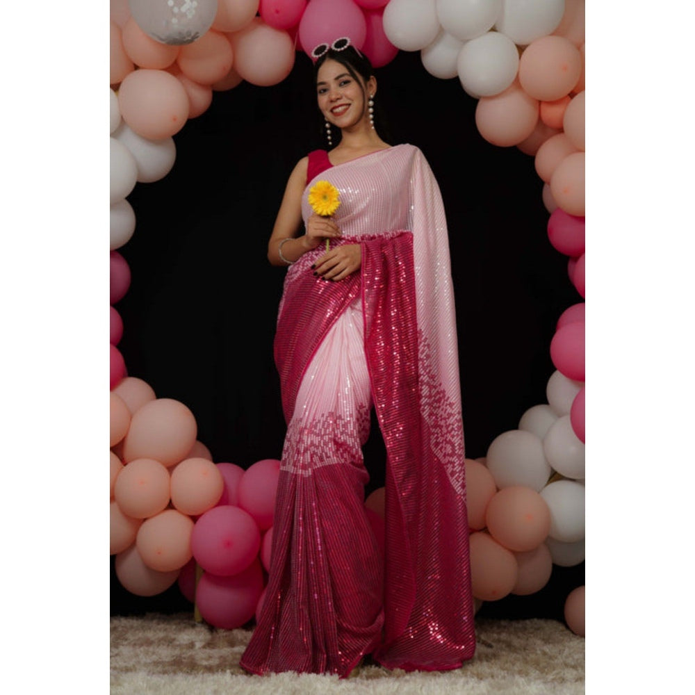 Isadora Life Womens Sequined Pink Pre-Draped Saree with Unstitched Blouse
