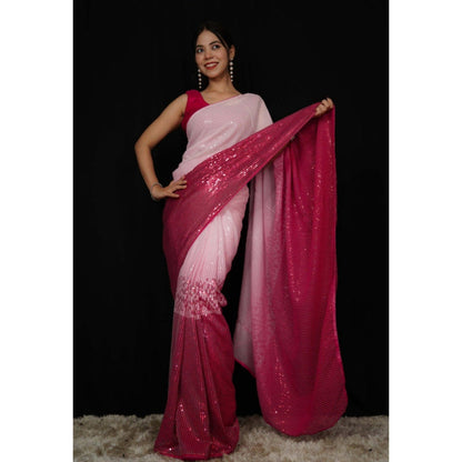 Isadora Life Womens Sequined Pink Pre-Draped Saree with Unstitched Blouse