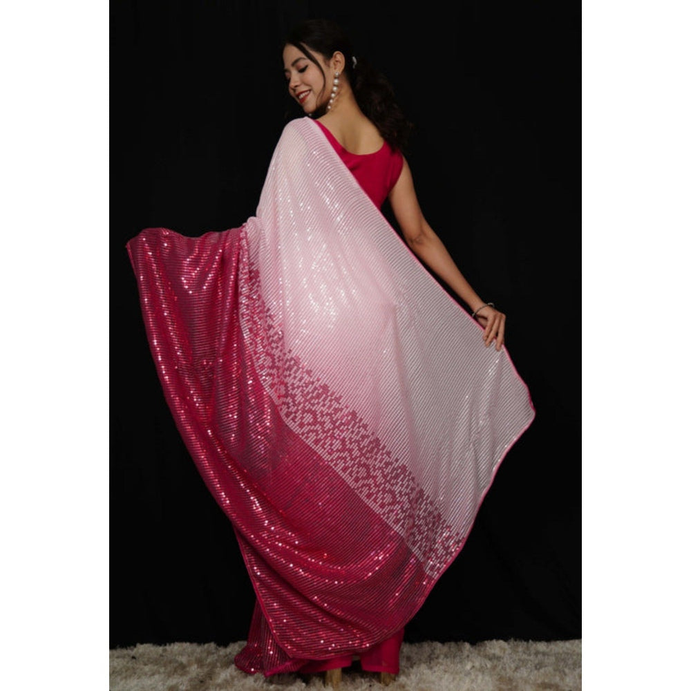 Isadora Life Womens Sequined Pink Pre-Draped Saree with Unstitched Blouse