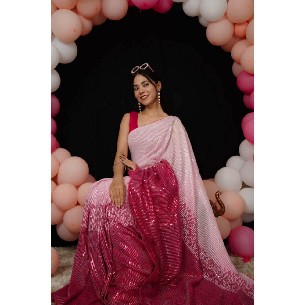 Isadora Life Womens Sequined Pink Pre-Draped Saree with Unstitched Blouse