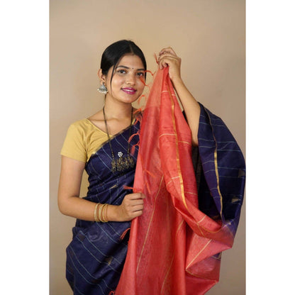 Isadora Life Womens Stripes Tassels Navy Blue Pre-Draped Saree with Unstitched Blouse