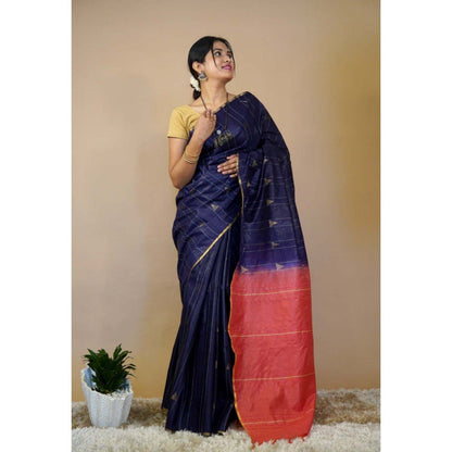 Isadora Life Womens Stripes Tassels Navy Blue Pre-Draped Saree with Unstitched Blouse