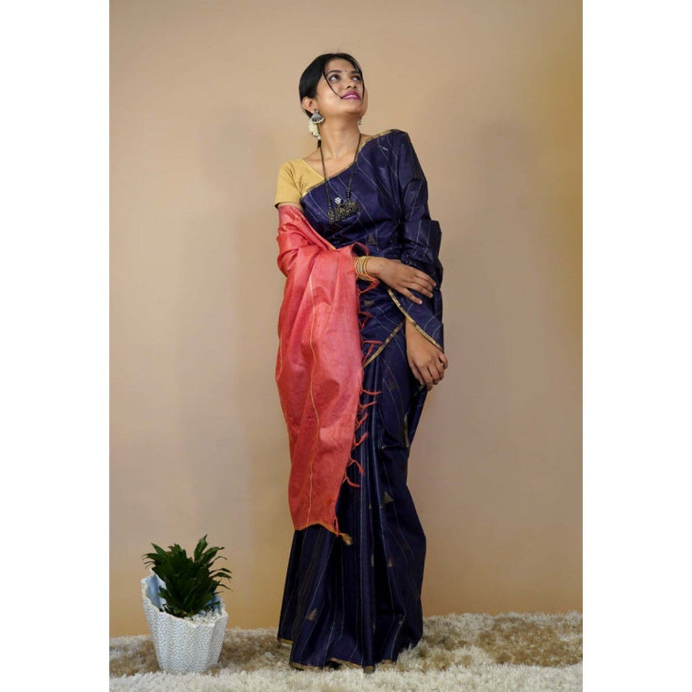 Isadora Life Womens Stripes Tassels Navy Blue Pre-Draped Saree with Unstitched Blouse