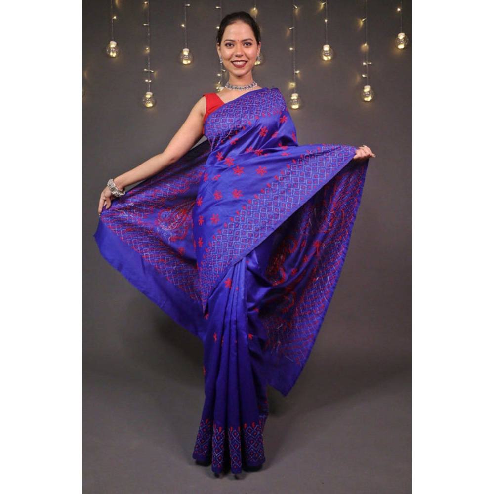 Isadora Life Womens Embroidered Thread Work Purple Pre-Draped Saree with Unstitched Blouse