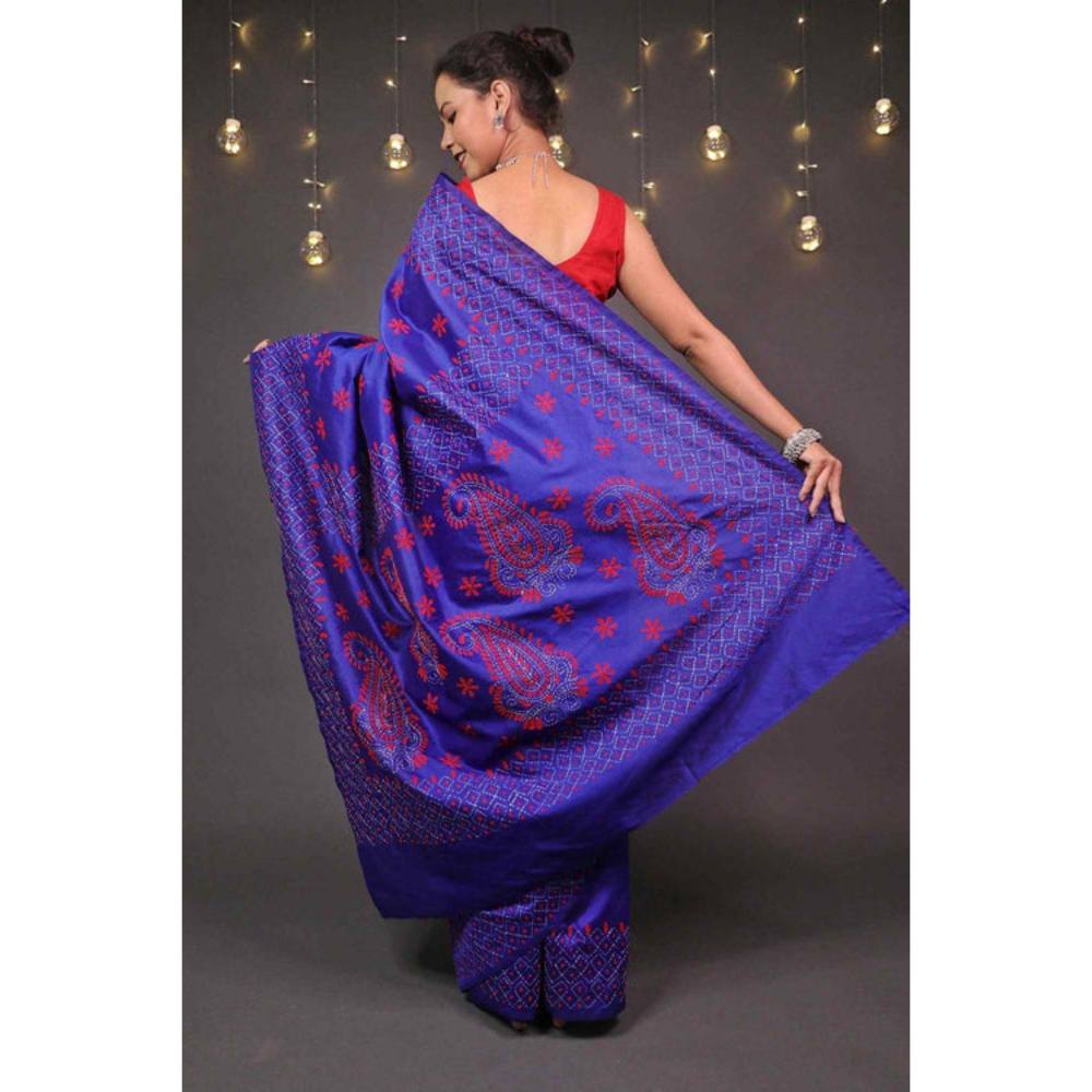 Isadora Life Womens Embroidered Thread Work Purple Pre-Draped Saree with Unstitched Blouse