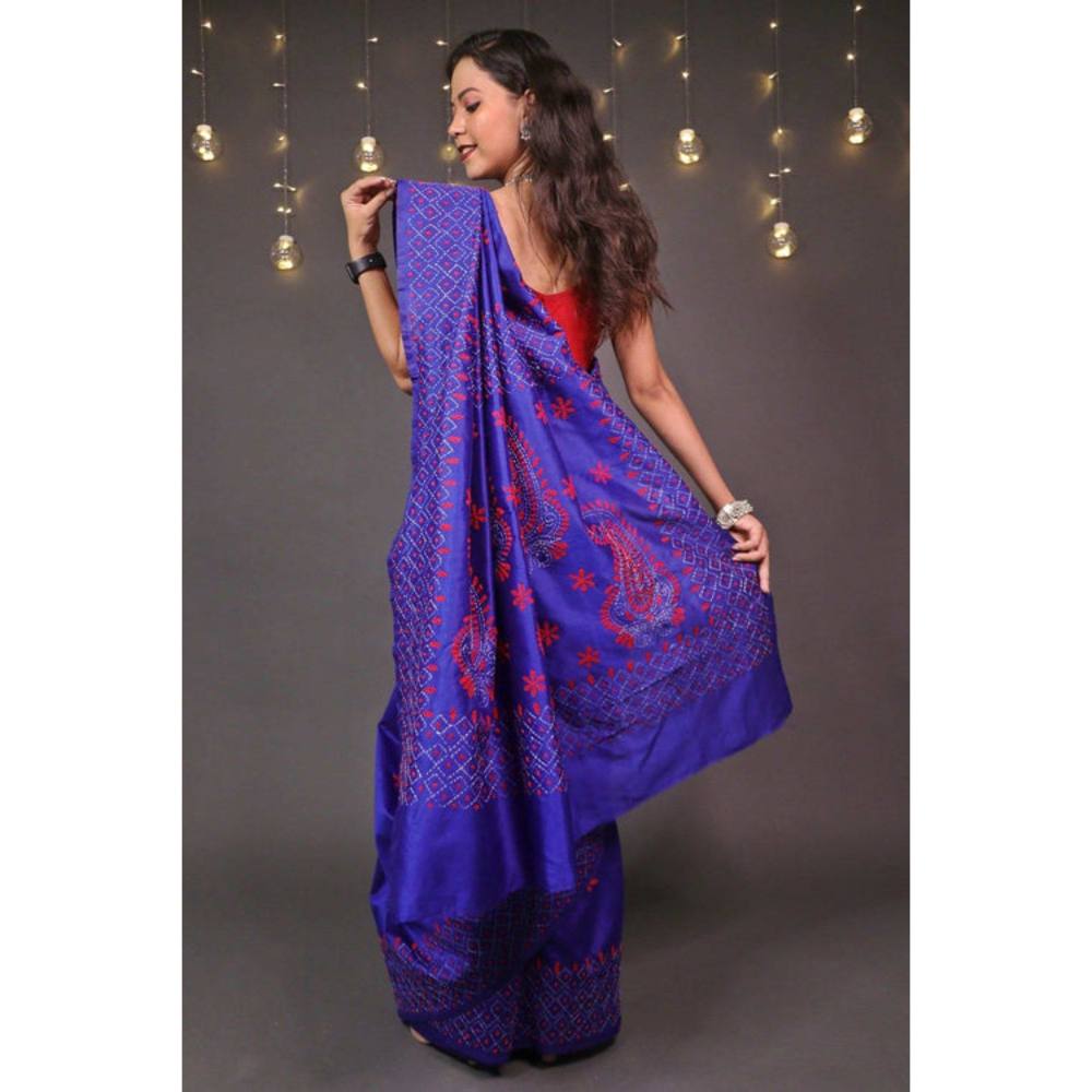 Isadora Life Womens Embroidered Thread Work Purple Pre-Draped Saree with Unstitched Blouse