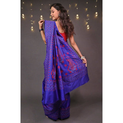 Isadora Life Womens Embroidered Thread Work Purple Pre-Draped Saree with Unstitched Blouse