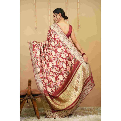 Isadora Life Womens Floral Embroidered Maroon Pre-Draped Saree with Unstitched Blouse