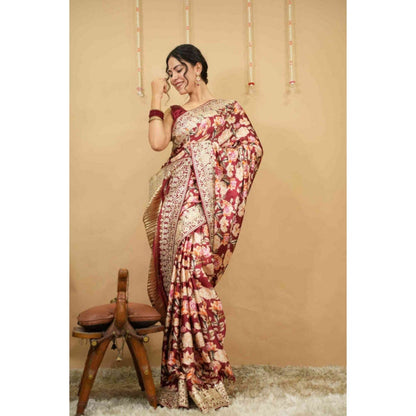 Isadora Life Womens Floral Embroidered Maroon Pre-Draped Saree with Unstitched Blouse