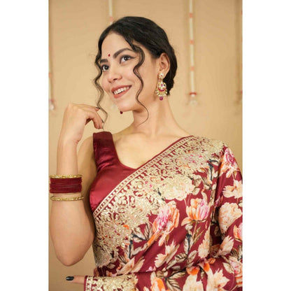 Isadora Life Womens Floral Embroidered Maroon Pre-Draped Saree with Unstitched Blouse