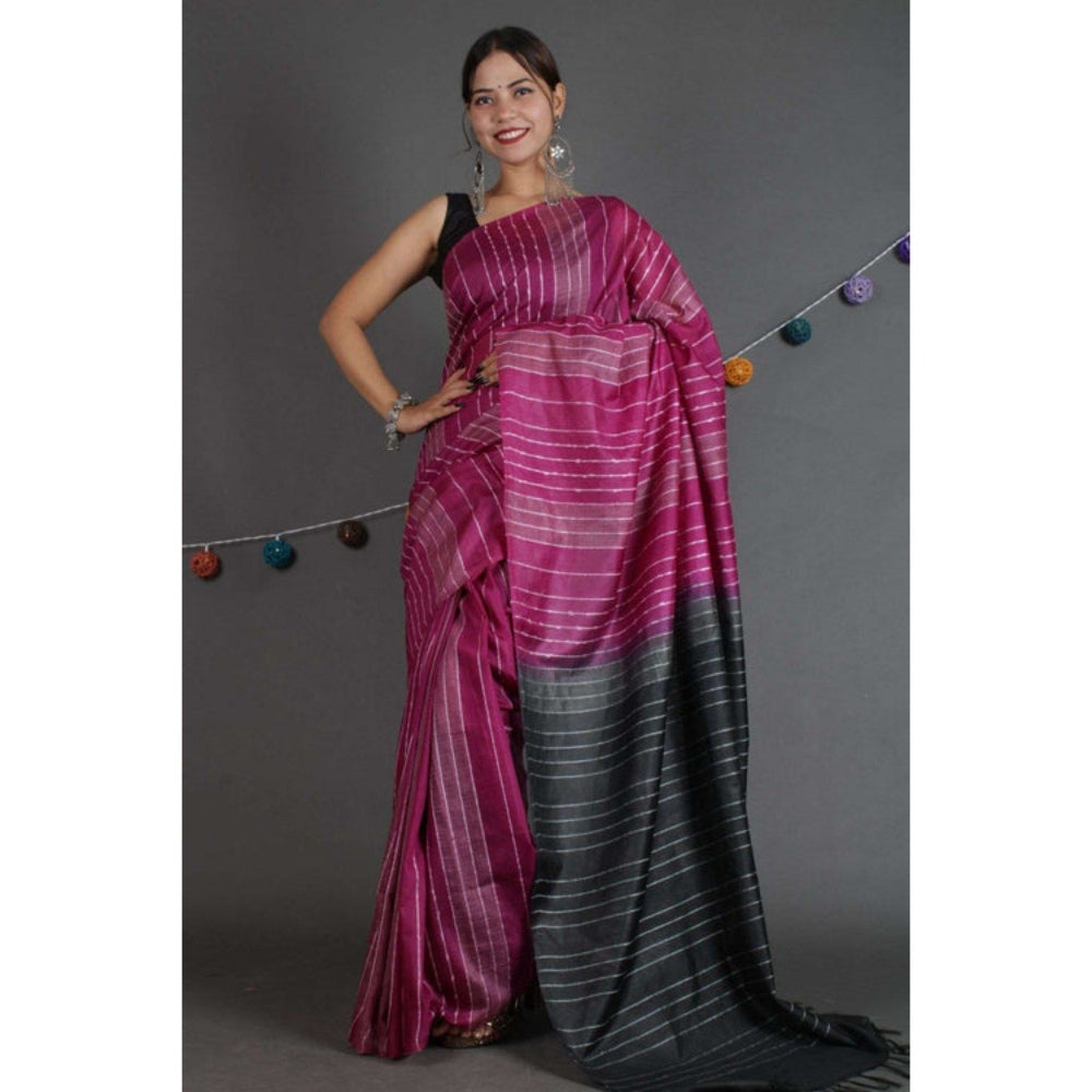 Isadora Life Womens Stripes Embroidered Purple Pre-Draped Saree with Unstitched Blouse