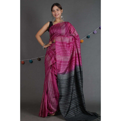 Isadora Life Womens Stripes Embroidered Purple Pre-Draped Saree with Unstitched Blouse