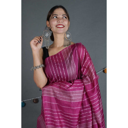 Isadora Life Womens Stripes Embroidered Purple Pre-Draped Saree with Unstitched Blouse