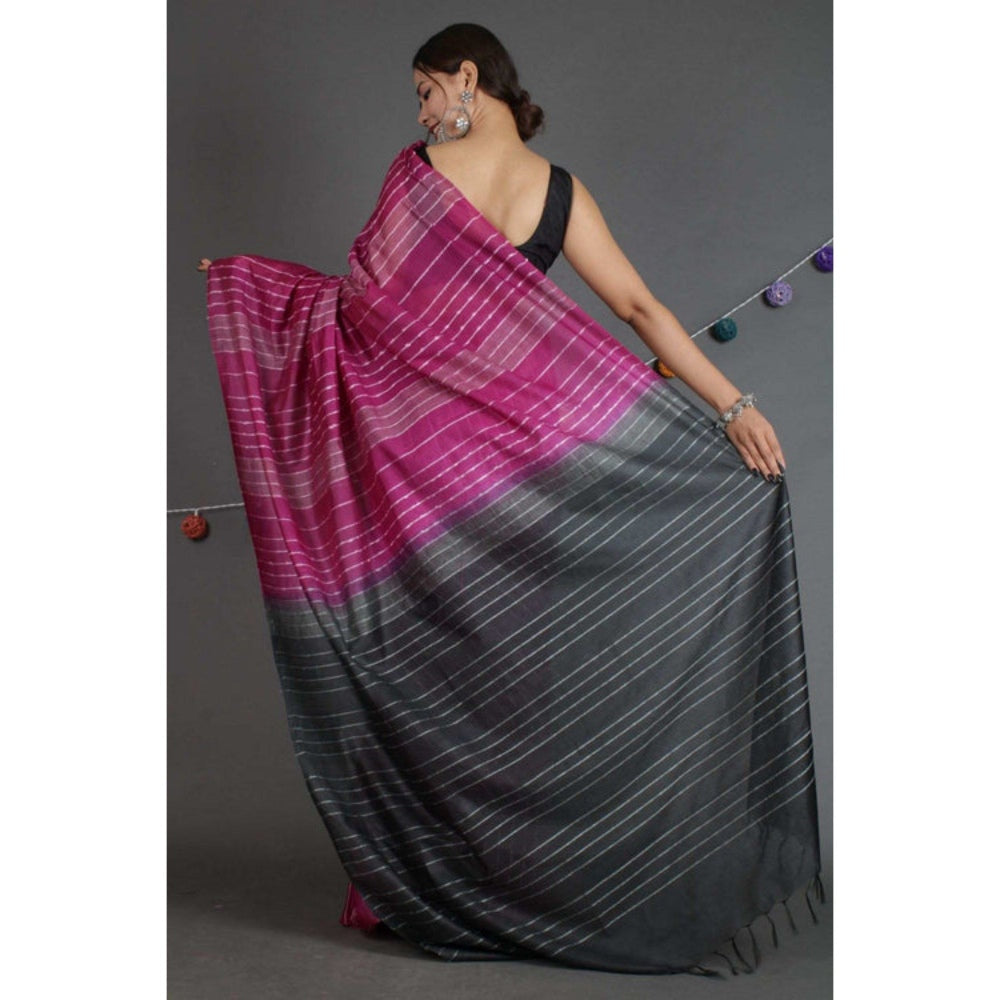 Isadora Life Womens Stripes Embroidered Purple Pre-Draped Saree with Unstitched Blouse