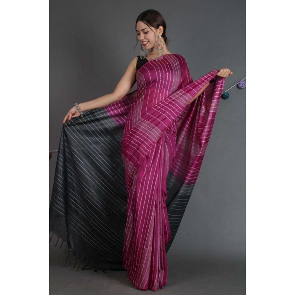 Isadora Life Womens Stripes Embroidered Purple Pre-Draped Saree with Unstitched Blouse