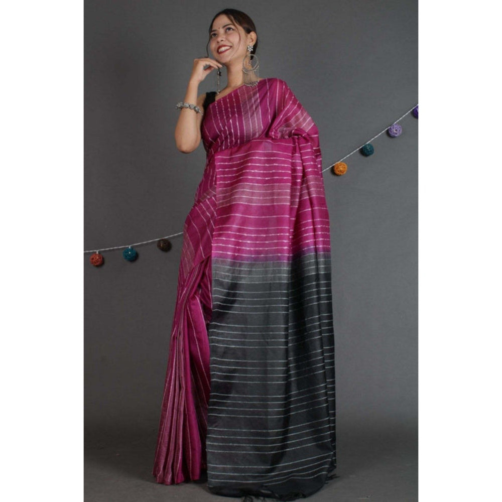 Isadora Life Womens Stripes Embroidered Purple Pre-Draped Saree with Unstitched Blouse