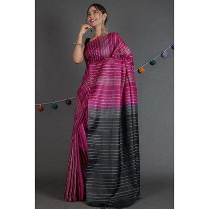 Isadora Life Womens Stripes Embroidered Purple Pre-Draped Saree with Unstitched Blouse