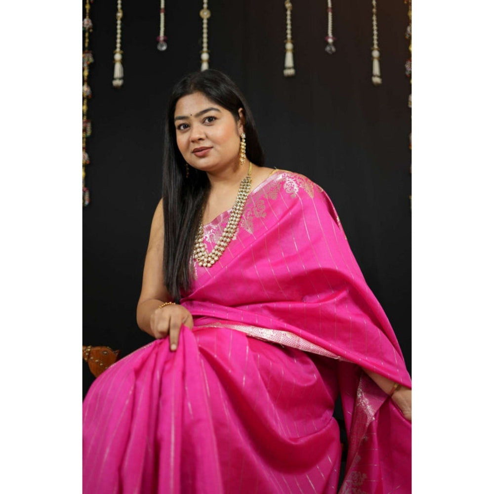 Isadora Life Womens Stripes Zari Pink Pre-Draped Saree with Unstitched Blouse