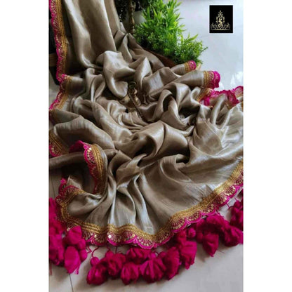 Isadora Life Womens Solid Tassels Beige Pre-Draped Saree with Unstitched Blouse