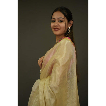 Isadora Life Womens Solid Tassels Beige Pre-Draped Saree with Unstitched Blouse