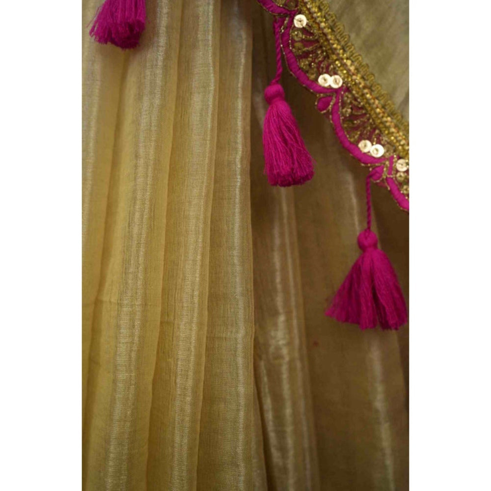 Isadora Life Womens Solid Tassels Beige Pre-Draped Saree with Unstitched Blouse