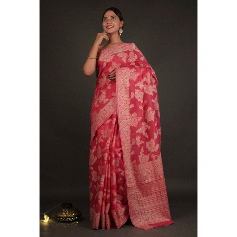 Isadora Life Womens Floral Woven Pink Pre-Draped Saree with Unstitched Blouse