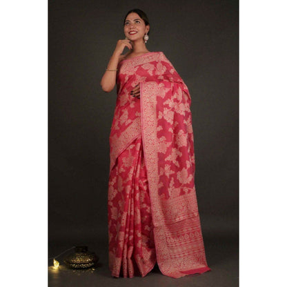 Isadora Life Womens Floral Woven Pink Pre-Draped Saree with Unstitched Blouse
