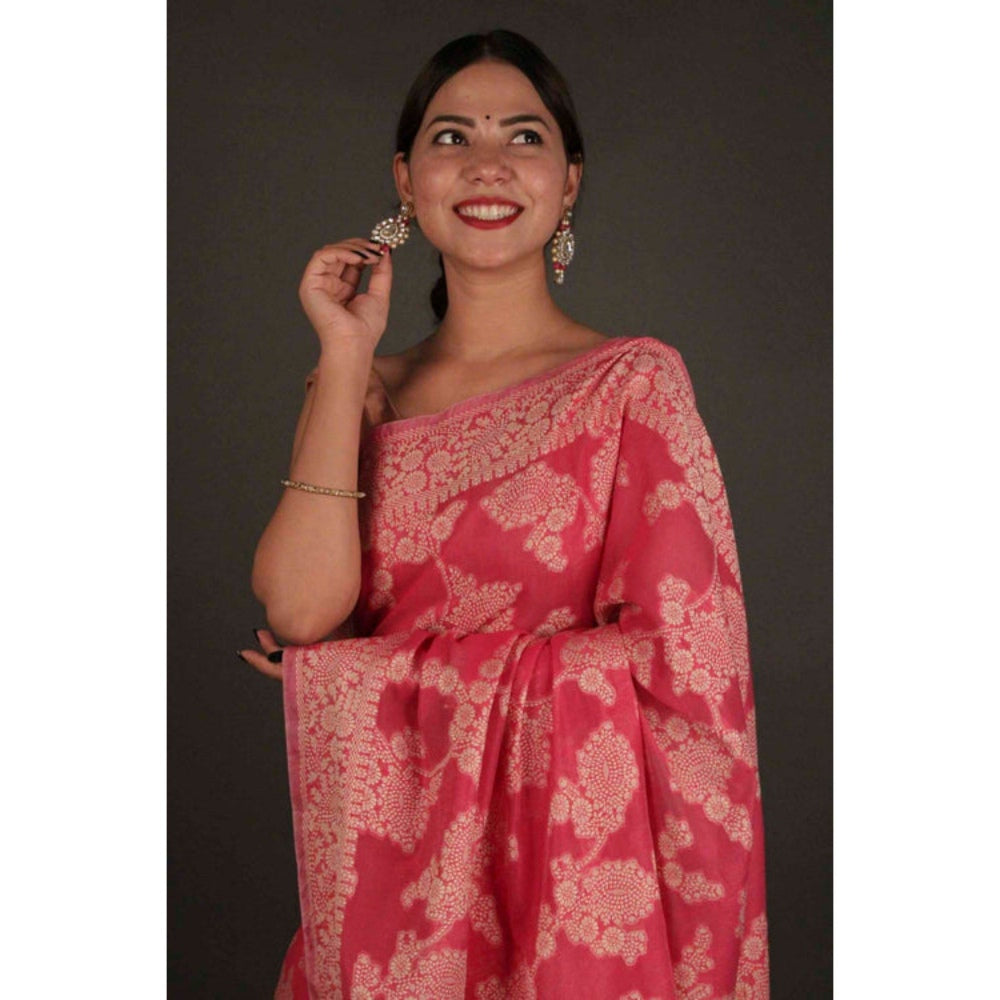 Isadora Life Womens Floral Woven Pink Pre-Draped Saree with Unstitched Blouse
