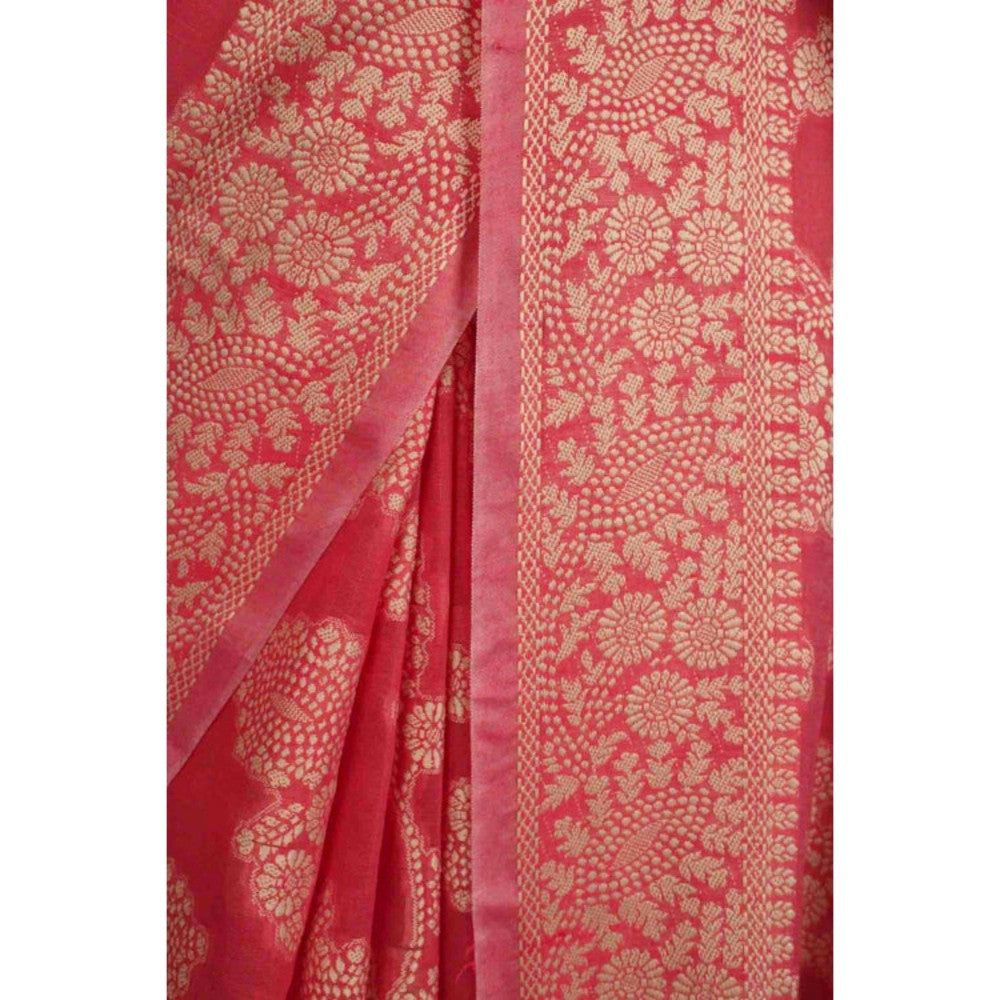 Isadora Life Womens Floral Woven Pink Pre-Draped Saree with Unstitched Blouse