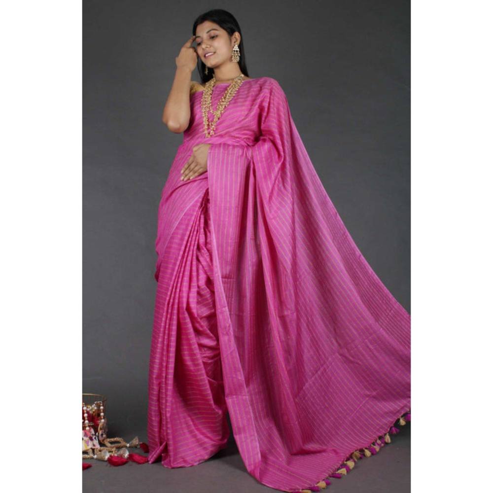 Isadora Life Womens Stripes Zari Pink Pre-Draped Saree with Unstitched Blouse