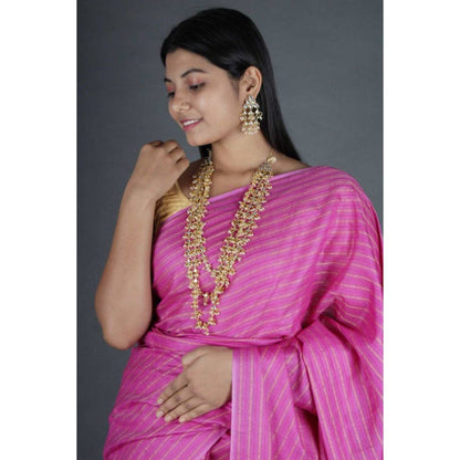 Isadora Life Womens Stripes Zari Pink Pre-Draped Saree with Unstitched Blouse