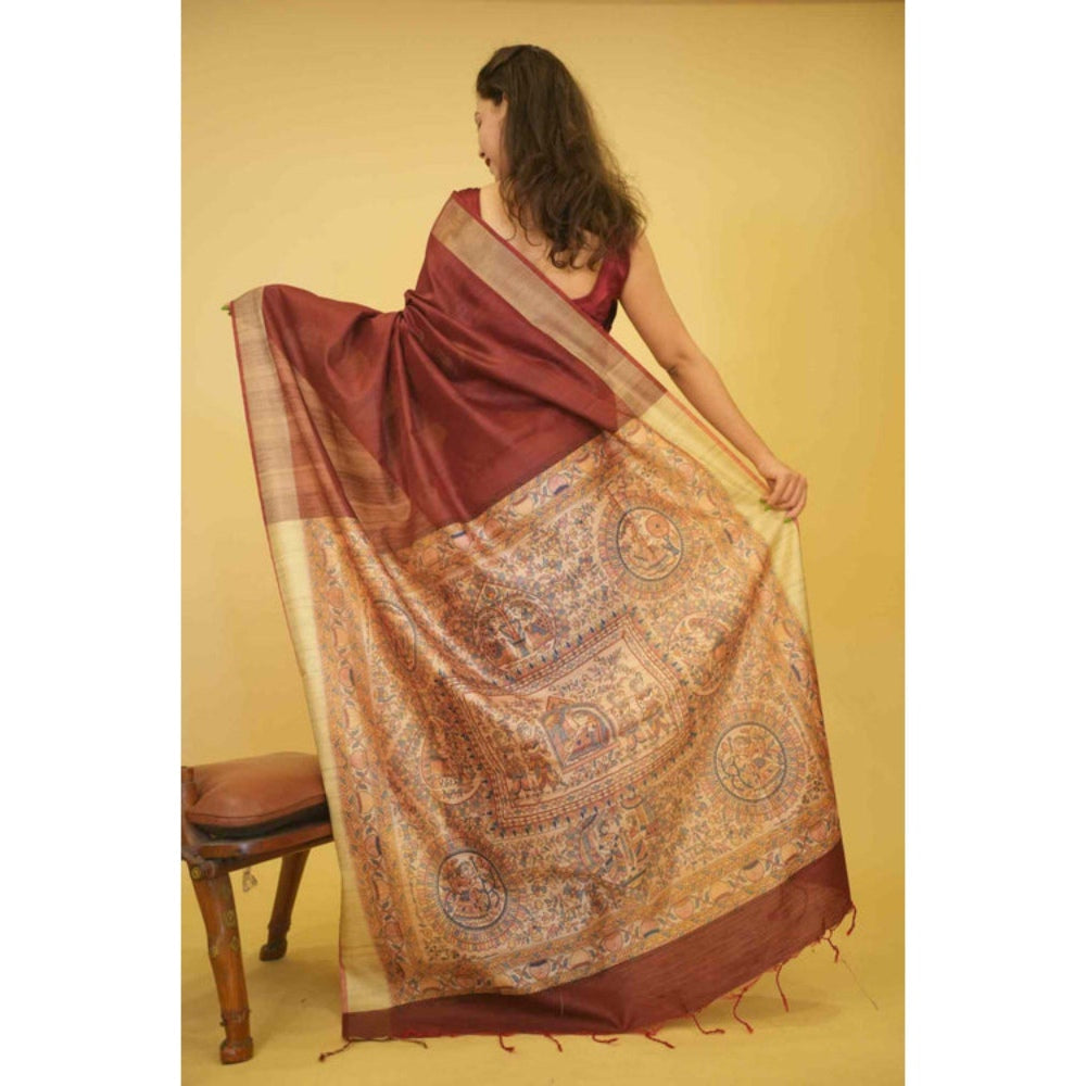 Isadora Life Womens Woven Tassels Maroon Pre-Draped Saree with Unstitched Blouse