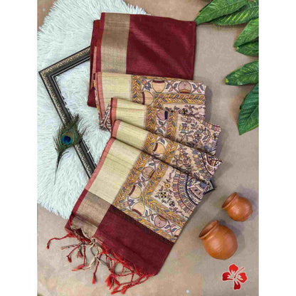 Isadora Life Womens Woven Tassels Maroon Pre-Draped Saree with Unstitched Blouse
