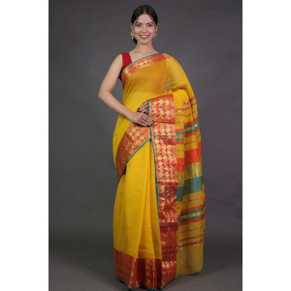 Isadora Life Womens Woven Zari Yellow Pre-Draped Saree with Unstitched Blouse