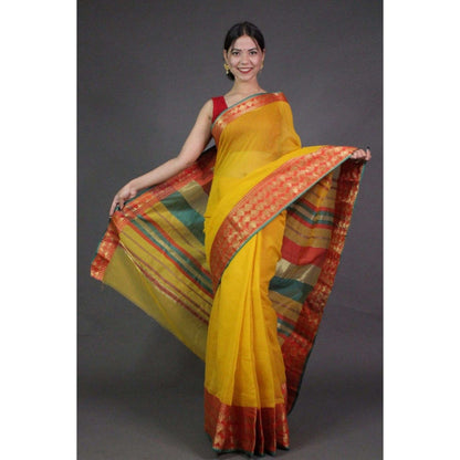 Isadora Life Womens Woven Zari Yellow Pre-Draped Saree with Unstitched Blouse