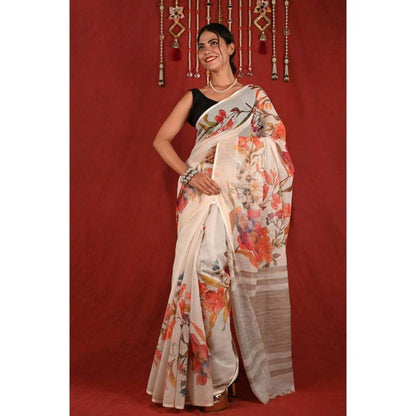 Isadora Life Womens Floral Printed Off White Pre-Draped Saree with Unstitched Blouse