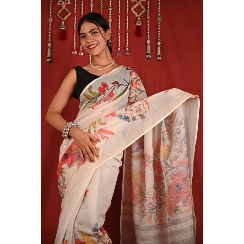 Isadora Life Womens Floral Printed Off White Pre-Draped Saree with Unstitched Blouse