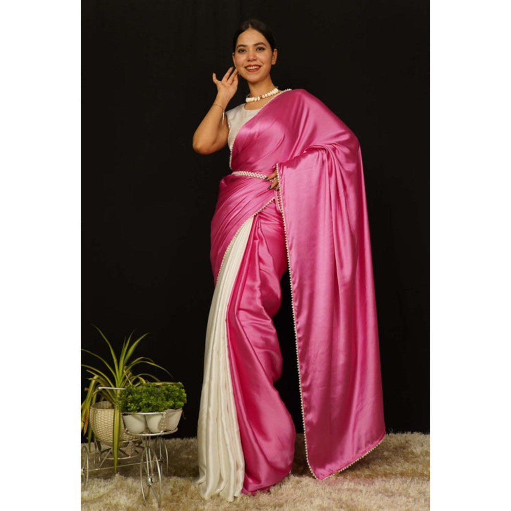 Isadora Life Womens Solid Lace Work Pink Pre-Draped Saree with Unstitched Blouse