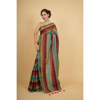 Isadora Life Womens Stripes Tassels Multi-Color Pre-Draped Saree with Unstitched Blouse
