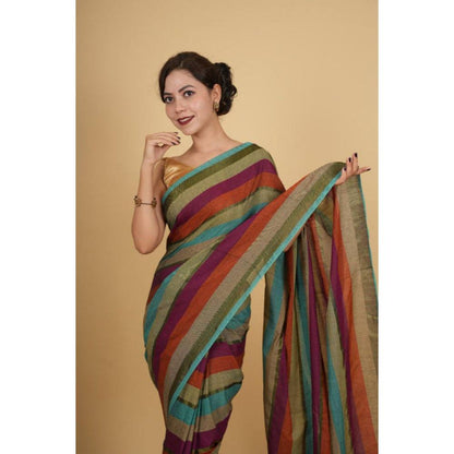 Isadora Life Womens Stripes Tassels Multi-Color Pre-Draped Saree with Unstitched Blouse