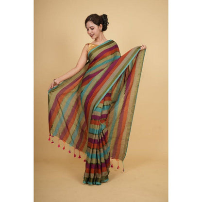 Isadora Life Womens Stripes Tassels Multi-Color Pre-Draped Saree with Unstitched Blouse
