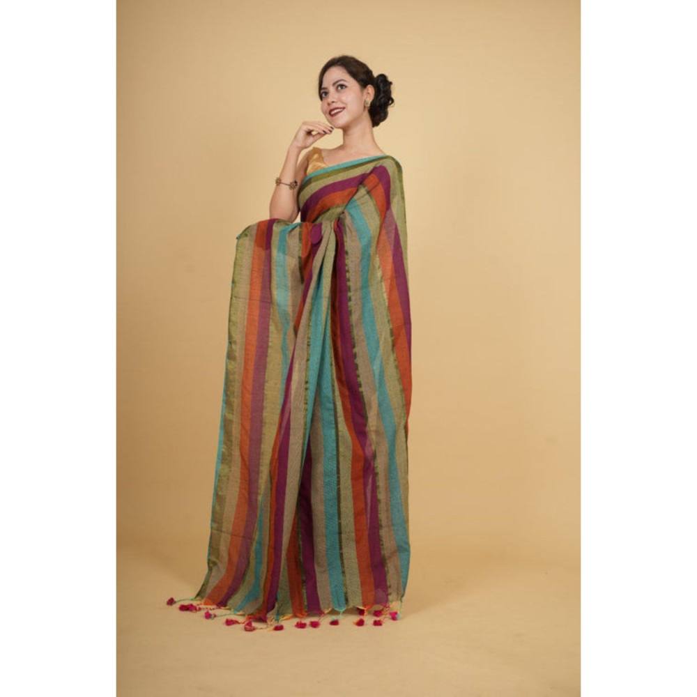 Isadora Life Womens Stripes Tassels Multi-Color Pre-Draped Saree with Unstitched Blouse