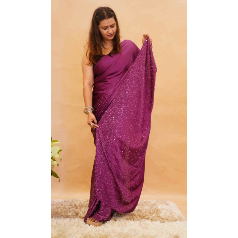 Isadora Life Womens Beads Sequined Purple Pre-Draped Saree with Unstitched Blouse