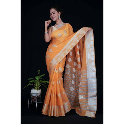 Isadora Life Womens Woven Zari Orange Pre-Draped Saree with Unstitched Blouse