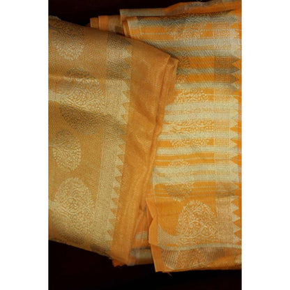 Isadora Life Womens Woven Zari Orange Pre-Draped Saree with Unstitched Blouse